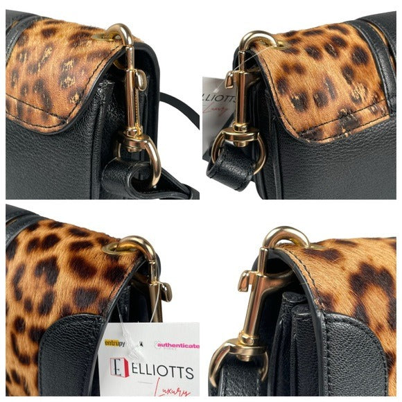 See By Chloe Calf Hair Cheetah Black Leather Satchel Flap Crossbody Strap Purse