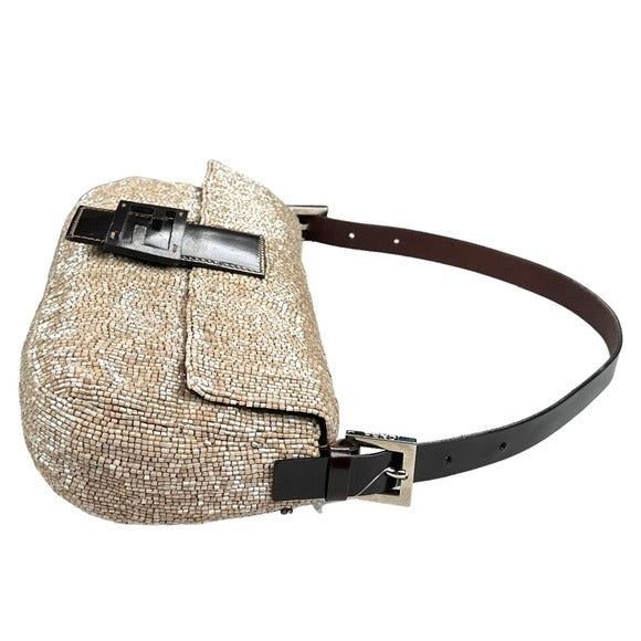 Fendi Champagne Beaded Baguette Brown Leather Strap Shoulder Purse