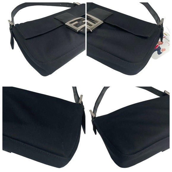 Fendi Black Satin Silver FF Baguette Flap Bag Purse Shoulder Leather Snap Clutch