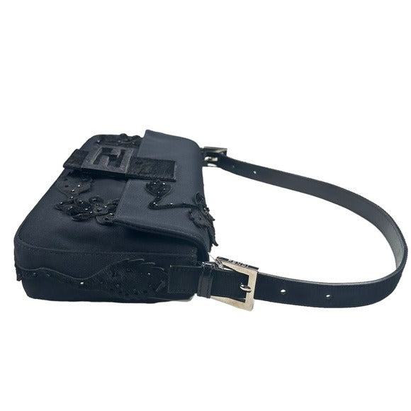 Fendi Black Beaded Appliqué Floral Pony Hair Detail & Strap Flap Baguette