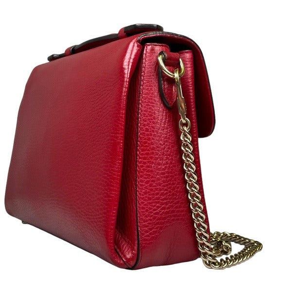 Gucci GG Red Flip Clip Closure Flap Pebbled Leather Gold Chain Crossbody Purse