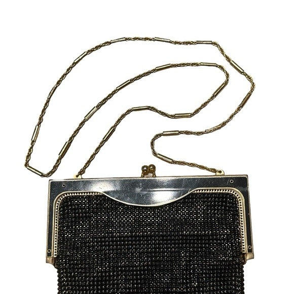 Whiting & Davis Black Gold Shoulder Metal Mesh Kiss-Lock Hollywood Regency Purse