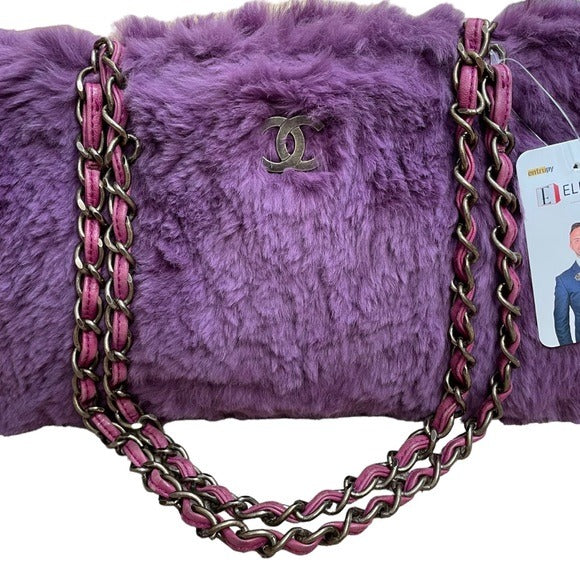 Chanel CC Antique Brushed Hardware Leather Chain Large Rabbit Fur Purple Purse