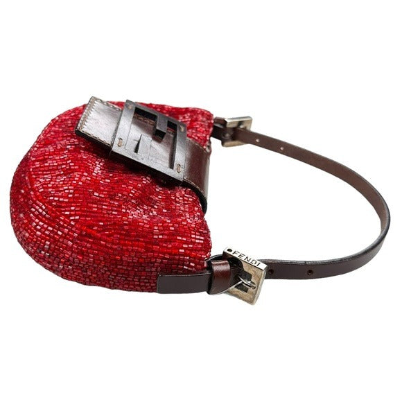 Fendi Red Beaded Mini Croissant Brown Leather Snap Front Handbag Pur…