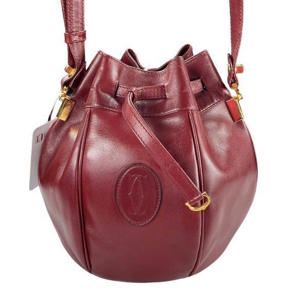 Cartier Burgundy Leather Medium Bucket Drawstring Crossbody Adjustable Purse