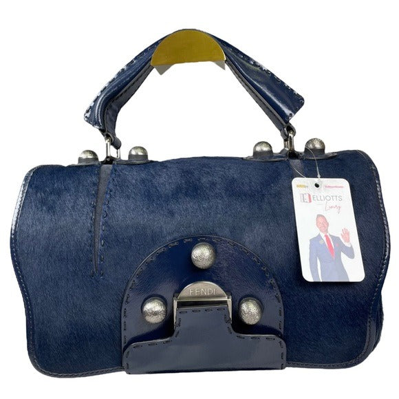Fendi Selleria Calf Hair Navy Blue Messenger Gunmetal Flap Two Way Crossbody Bag