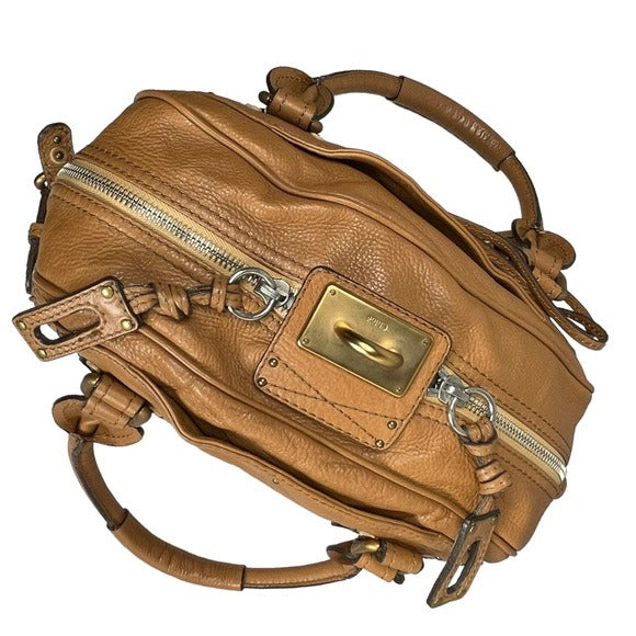 Chloe Tan Leather Paddington Medium Zip Boston Bag Tote Purse