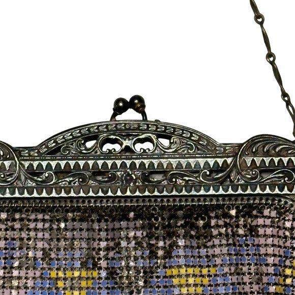 Whiting Davis Sterling Plated DresDen Metal Mesh Flapper Kiss Lock Mini Clutch
