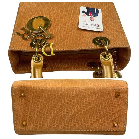 Christian Dior Lady Monogram Suede Tan Golden Handle Enamel Leather Top Handle