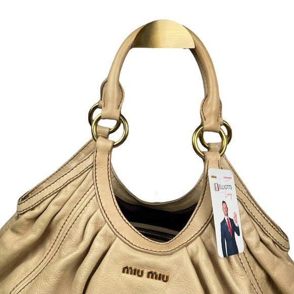 Miu Miu Basket Hobo Leather Gathered XL Ivory Creme Gold Shoulder Purse Bag Tote