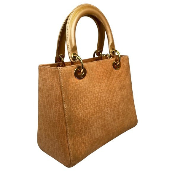 Christian Dior Lady Monogram Suede Tan Golden Handle Enamel Leather Top Handle