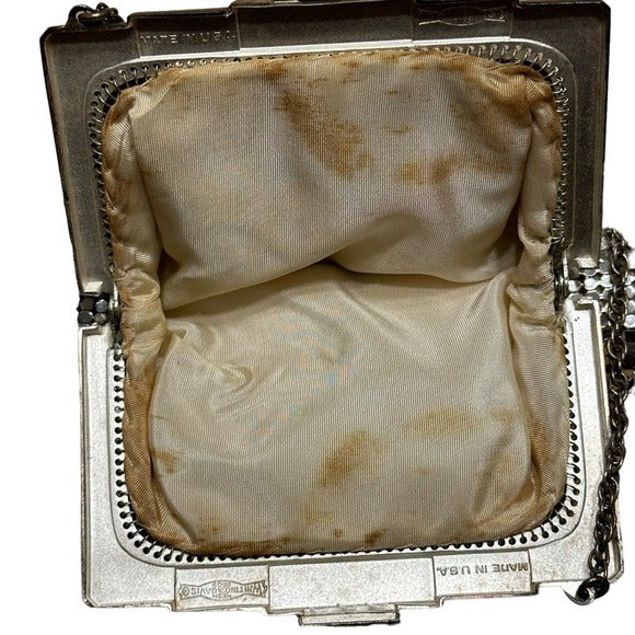 Whiting & Davis Rhinestone Clip Lock Metal Mesh Clutch Wristlet Silver Purse