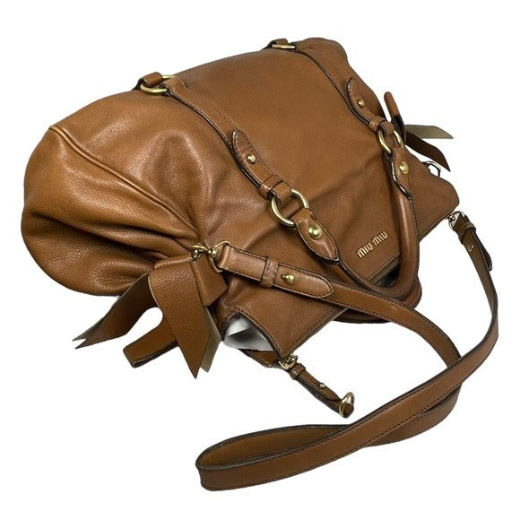 Miu Miu XL Crossbody Satchel Brown Brushed Gold Leather Bow Side Purse Hobo Bag