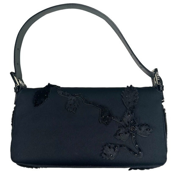 Fendi Black Beaded Appliqué Floral Pony Hair Detail & Strap Flap Baguette