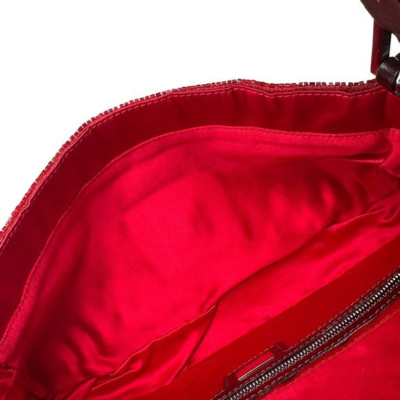 Fendi Red Metallic Baguette Beaded Brown Leather Strap Shoulder Flap Bag