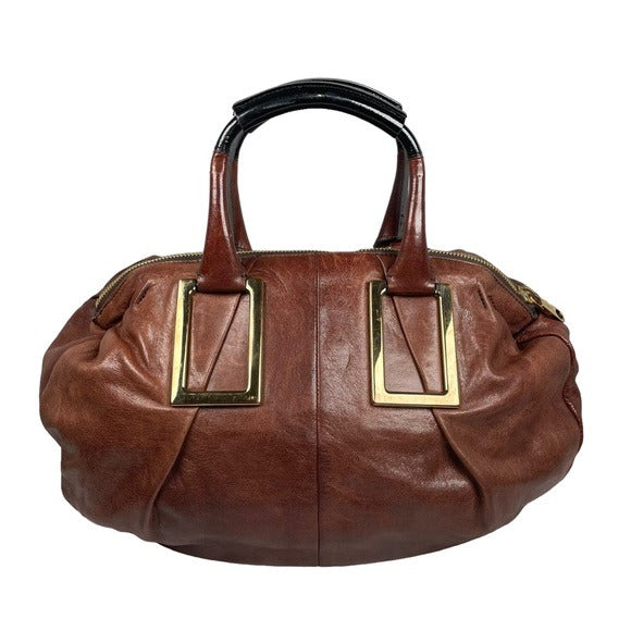 Chloe XL Ethel Two Tone Patent Leather Brown Black Zippy Oval Handbag Tote Purse