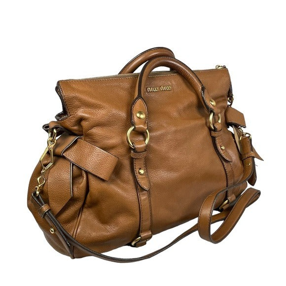 Miu Miu XL Crossbody Satchel Brown Brushed Gold Leather Bow Side Purse Hobo Bag