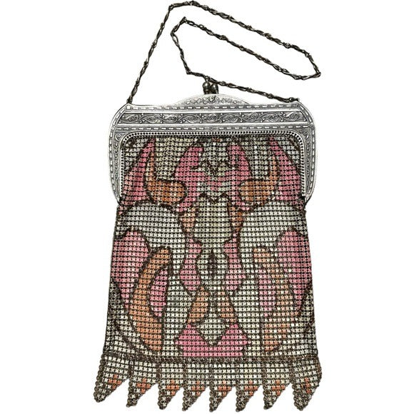 Whiting & Davis Med. Sterling Metal Mesh Plate Pink Orange Abstract Clutch Purse