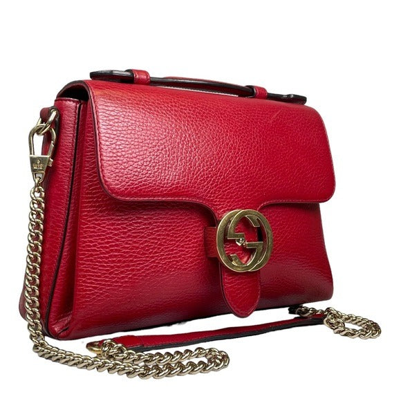 Gucci GG Red Flip Clip Closure Flap Pebbled Leather Gold Chain Crossbody Purse