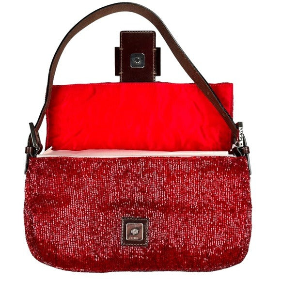 Fendi Red Metallic Baguette Beaded Brown Leather Strap Shoulder Flap Bag