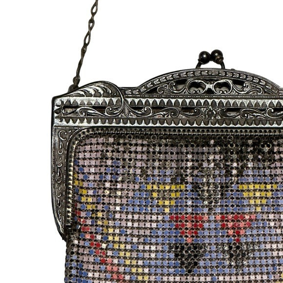 Whiting Davis Sterling Plated DresDen Metal Mesh Flapper Kiss Lock Mini Clutch