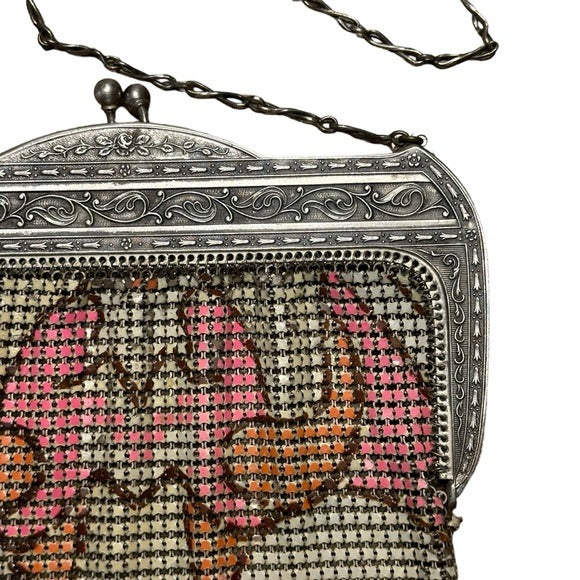 Whiting & Davis Med. Sterling Metal Mesh Plate Pink Orange Abstract Clutch Purse