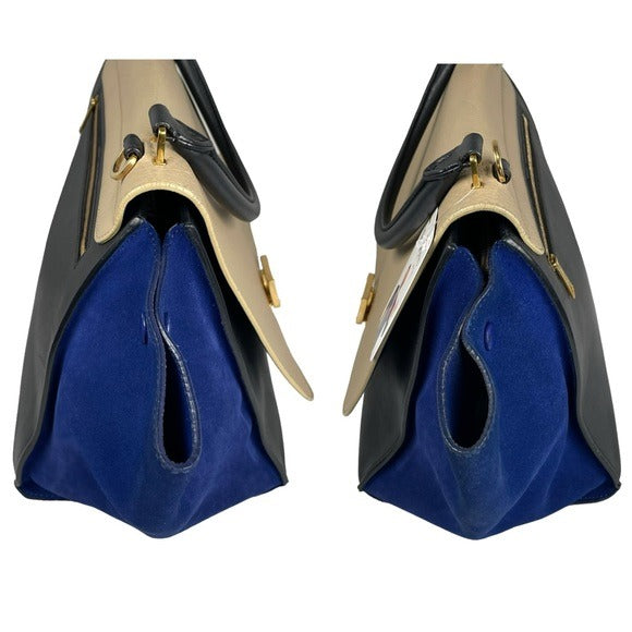 Celine Tri-Color Royal Blue Taupe Black Gold Large Shoulder Bucket Snap Purse
