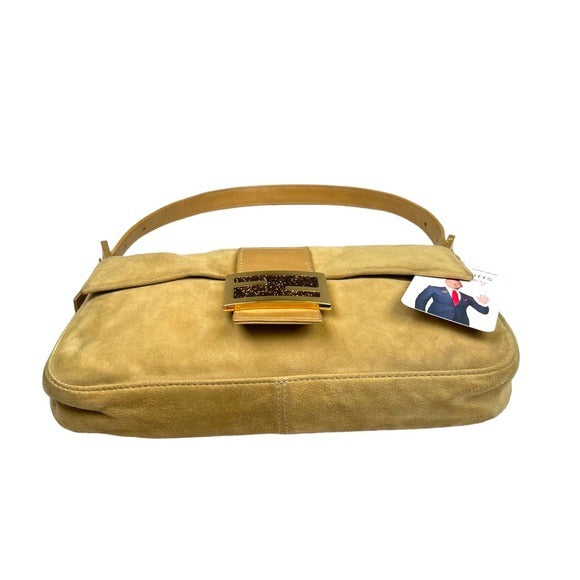 Fendi FF Glitter Tan Leather Gold Flap Bag Logo Suede Baguette Shoulder Purse