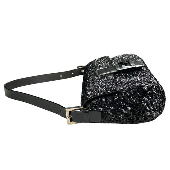 Fendi Black Silver Beaded Baguette Leather Strap Shoulder Purse Flap Bag
