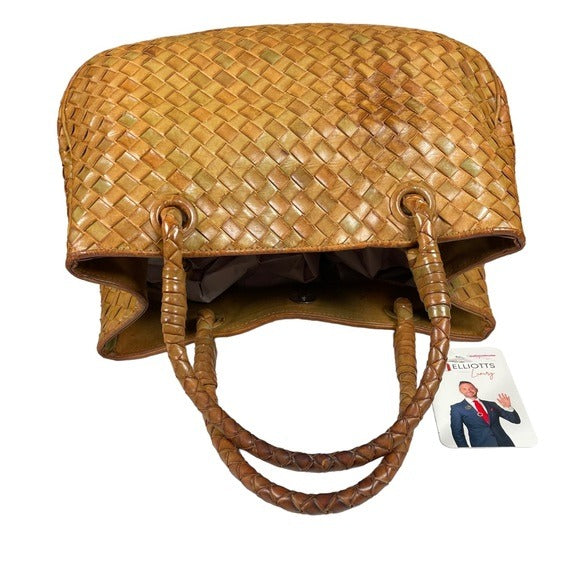 Bottega Veneta Tan Brown Green Woven Leather Shoulder Purse Two File Zip Bag
