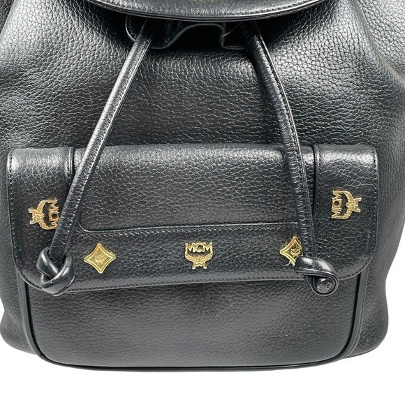 MCM Black Calf Leather Pebbled Gold Plated Multi Stud Flap Drawstring Backpack
