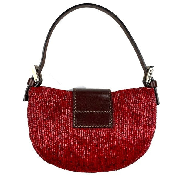 Fendi Red Beaded Mini Croissant Brown Leather Snap Front Handbag Pur…