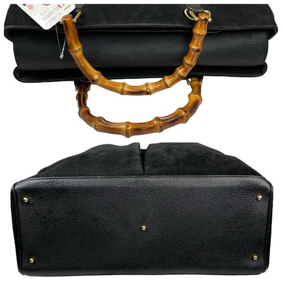 Gucci GG Diana Bamboo Black Suede Leather Dual Snap XL Pocket Top Handle Tote