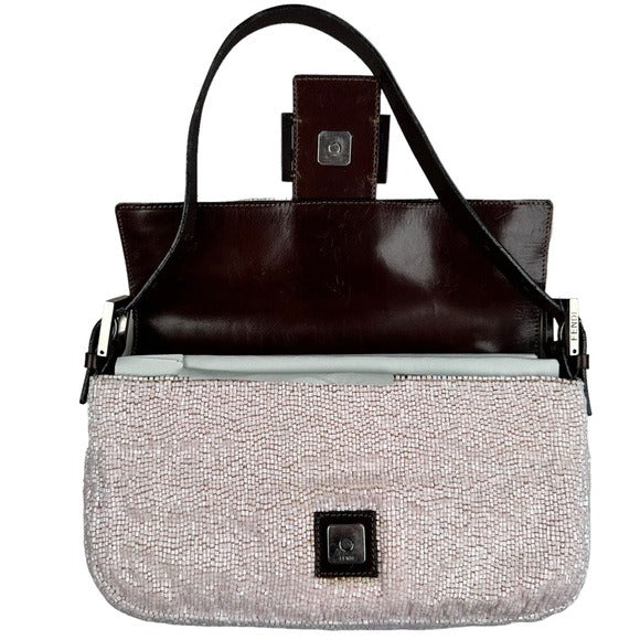 Fendi Baguette Pink Beaded Flap Silver Brown Leather Shoulder Purse