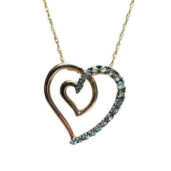 Emerald Double Heart Pendent Necklace Lobster Claw 14K Gold Round Cut 18” 1”
