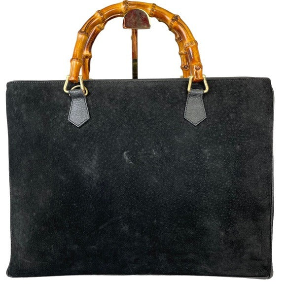 Gucci GG Diana Bamboo Black Suede Leather Dual Snap XL Pocket Top Handle Tote