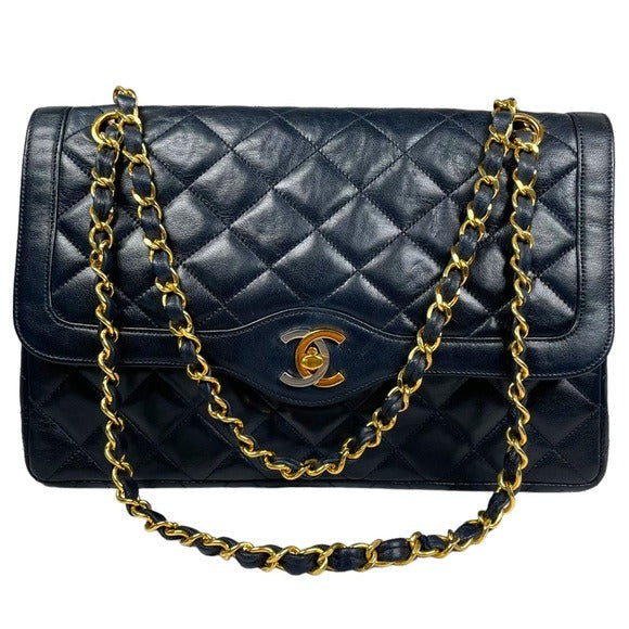 Chanel CC Navy Blue Limited Double Two-Tone Flap Quilted Lambskin Shoulder Purse