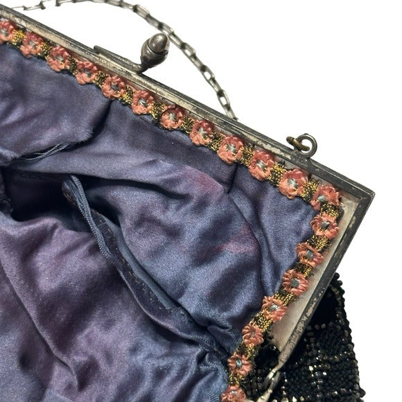 Whiting Davis Sterling Plated Black Kiss-Lock Evening Beaded Wovens Mesh Clutch