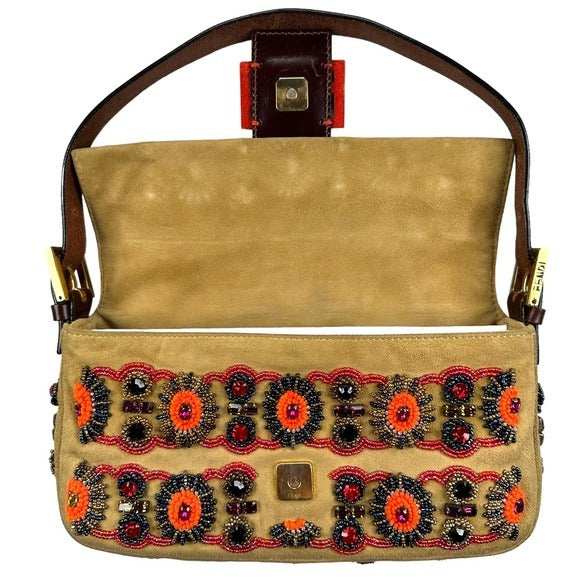 Fendi Suede Multi Rhinestone Beaded Pony Fur Leather Baguette Flap Purse