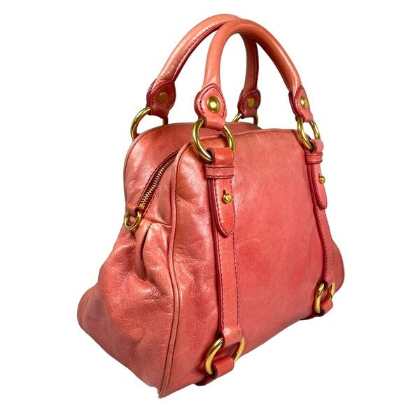 Miu Miu Pink Watermelon Gold Distressed Leather Crossbody Purse Zippy Bag Purse
