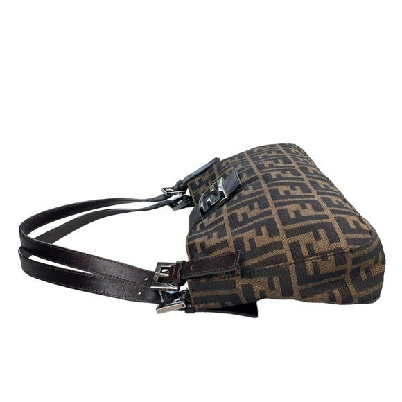 Fendi Zucca Dual Handle Shoulder Baguette Leather Canvas Purse