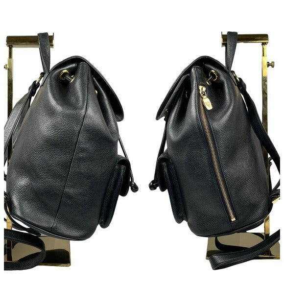 MCM Black Calf Leather Pebbled Gold Plated Multi Stud Flap Drawstring Backpack