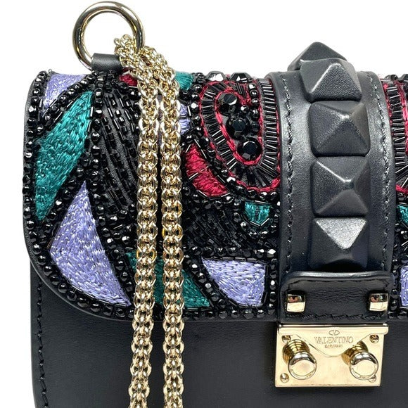 Valentino Garavani Beaded Rock Studded Chain Black Leather Multi Cross Bod Minu Bag