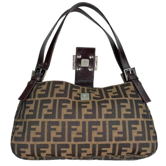 Fendi Zucca Dual Handle Shoulder Baguette Leather Canvas Purse