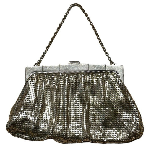Whiting & Davis Rhinestone Clip Lock Metal Mesh Clutch Wristlet Silver Purse