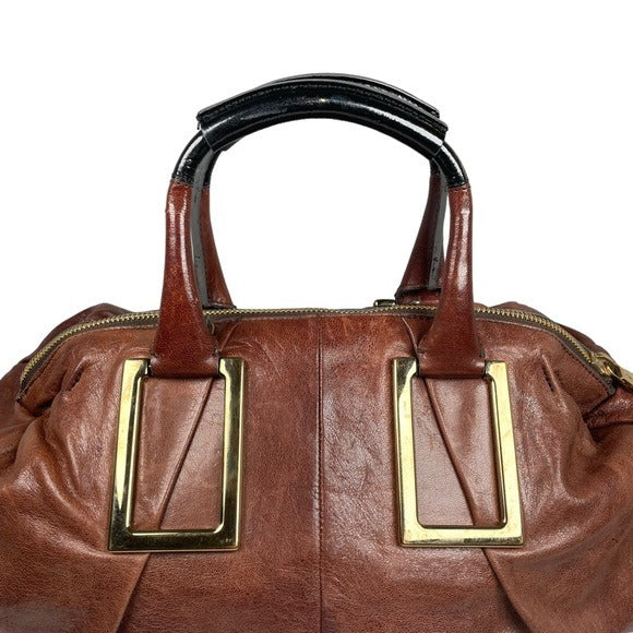 Chloe XL Ethel Two Tone Patent Leather Brown Black Zippy Oval Handbag Tote Purse