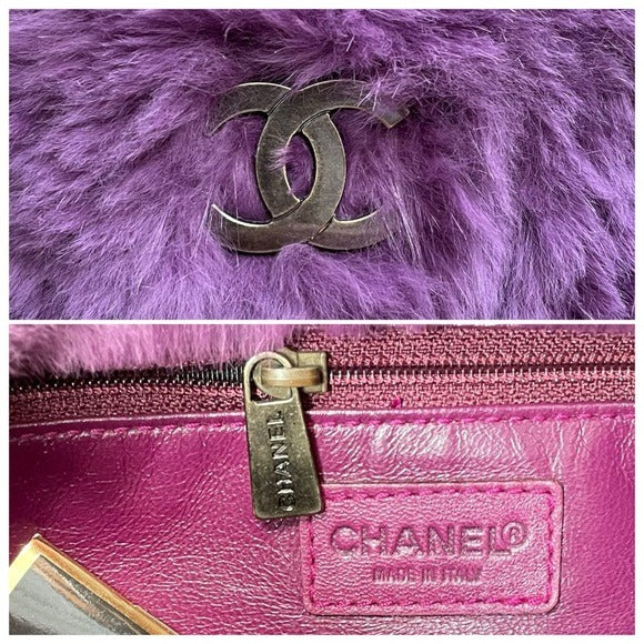 Chanel CC Antique Brushed Hardware Leather Chain Large Rabbit Fur Purple Purse