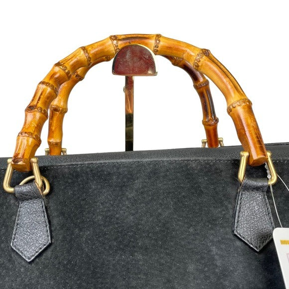 Gucci GG Diana Bamboo Black Suede Leather Dual Snap XL Pocket Top Handle Tote