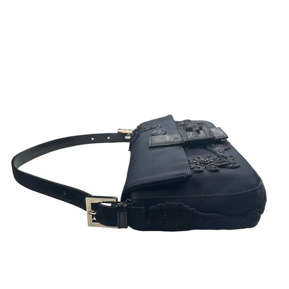 Fendi Black Beaded Appliqué Floral Pony Hair Detail & Strap Flap Baguette