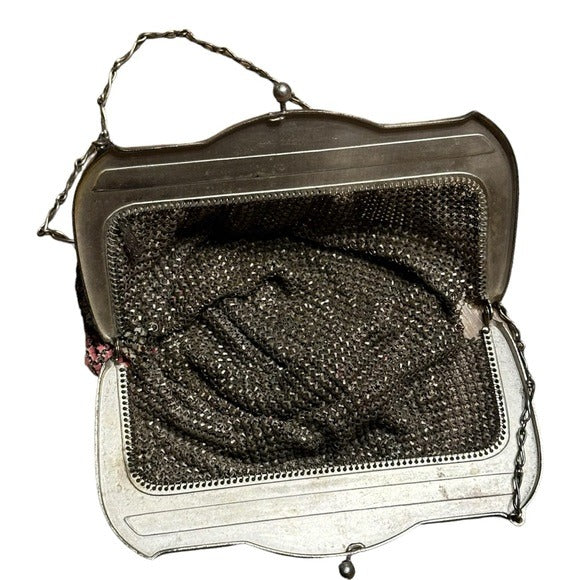 Whiting & Davis Med. Sterling Metal Mesh Plate Pink Orange Abstract Clutch Purse